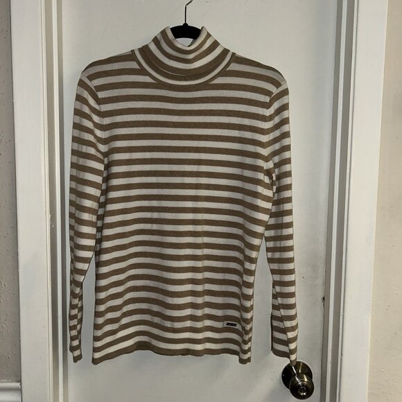 Tommy Hilfiger Tan Striped Long Sleeve Turtleneck Preppy Sweater Size Large - Picture 2 of 10
